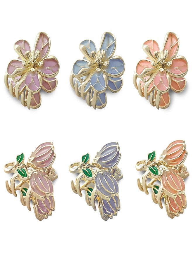 ZAINY 6 Flower Metal Hair Claw Clips for Women, Small Cute Gold Plumeria Hawaiian Floral Girl Hair Accessories, Decorative Butterfly Hairclips for Thick & Thin Hair, Strong Claws, Hibiscus & Tulips - Image 1